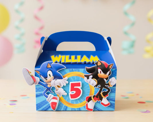 Blue favour box with Sonic the Hedgehog design personalised with kid's name