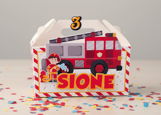 Children's birthday party favor box with fire truck design and personalised with child's name and birthday age.