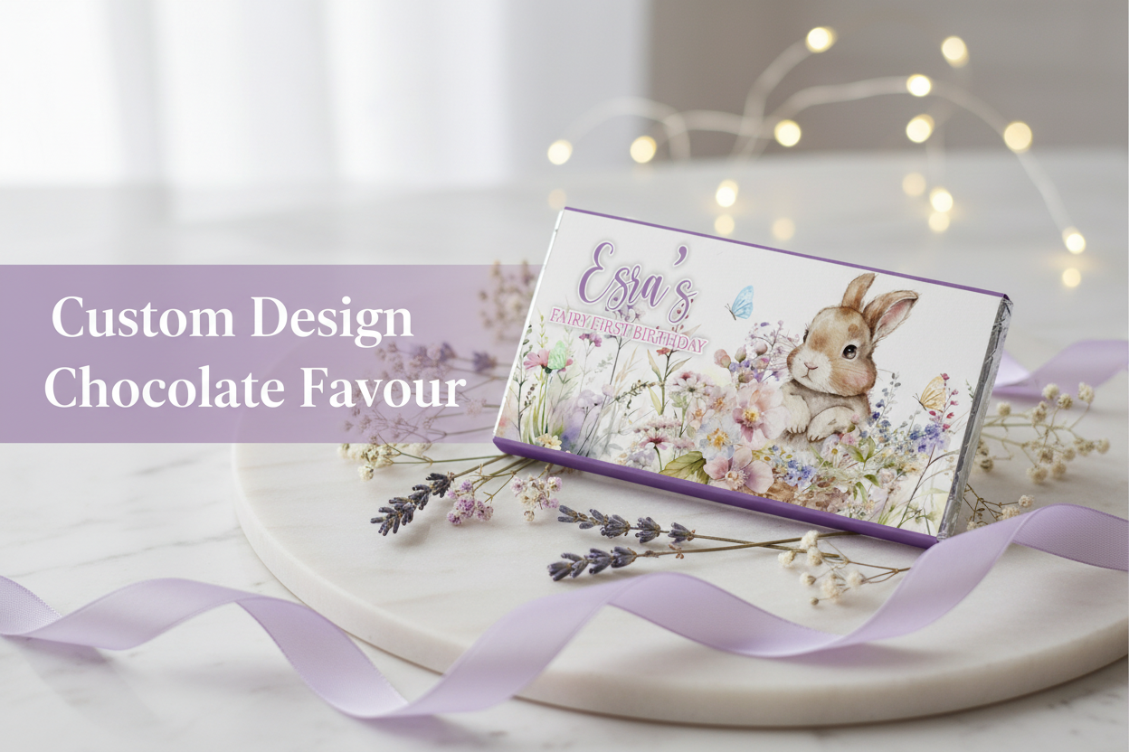 Personalised chocolate bar favours for birthday party, baby shower, wedding, and other occassions
