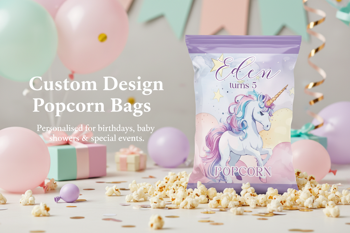 Custom Design Popcorn bag, personalised with name for birthdays, baby showers and special events
