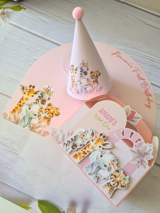 Wild One Pink Safari Animals Party Box