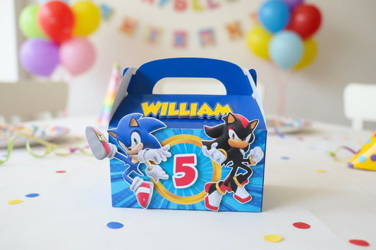 Blue party favor box with Sonic the Hedgehog design and chid's name