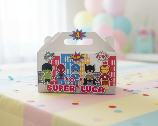 Colorful superhero-themed birthday party favour box with child's name