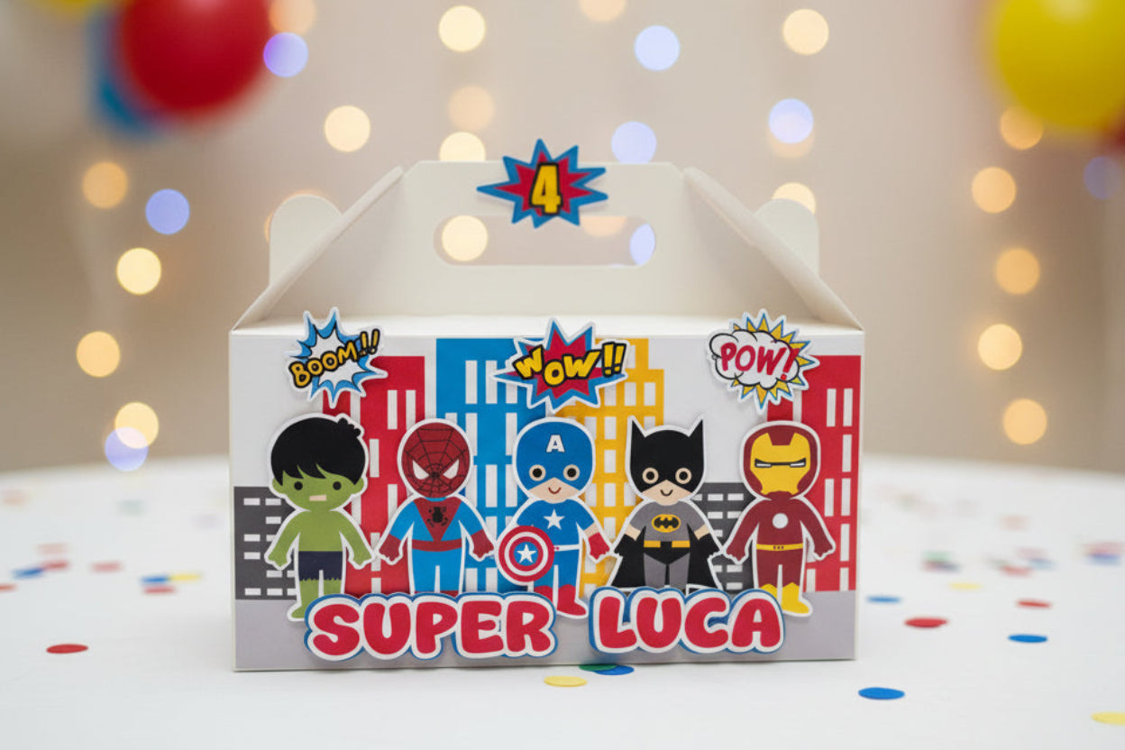 Colorful superhero-themed party favour box with cartoon characters and child's name personalised