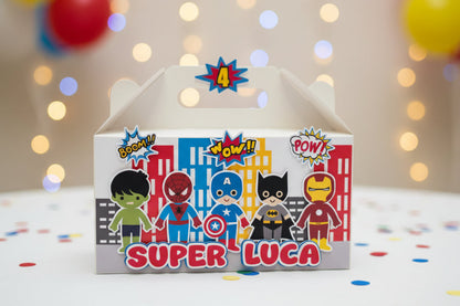 Colorful superhero-themed party favour box with cartoon characters and child's name personalised