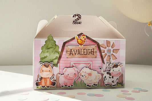 Farm Animals Girl Pink Barnyard Theme Personalised 3D Party Favour Box | Kids Birthday Party Favours
