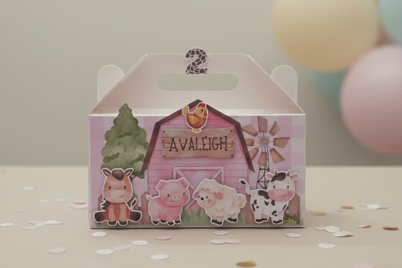 Farm Animals Girl Pink Barnyard Theme Personalised 3D Party Favour Box | Kids Birthday Party Favours