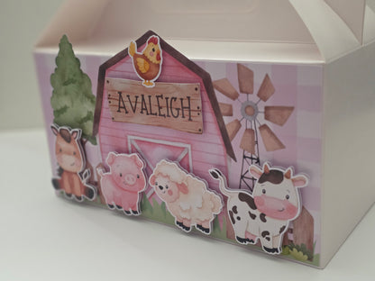 Farm Animals Girl Pink Barnyard Theme Personalised 3D Party Favour Box | Kids Birthday Party Favours