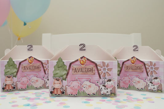 Farm Animals Girl Pink Barnyard Theme Personalised 3D Party Favour Box | Kids Birthday Party Favours