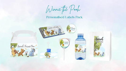 Winnie the Pooh Party Favour Labels | Personalised Birthday Bundle | Bottle Labels, Stickers & Chocolate Wrappers