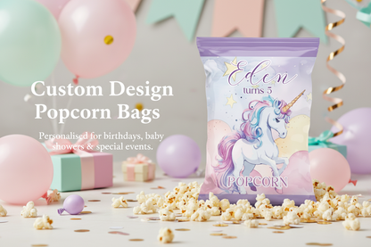 Custom Design Popcorn bag, personalised with name for birthdays, baby showers and special events