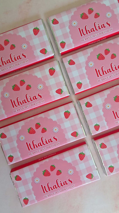 Berry First Birthday Strawberry Theme Chocolate Bar