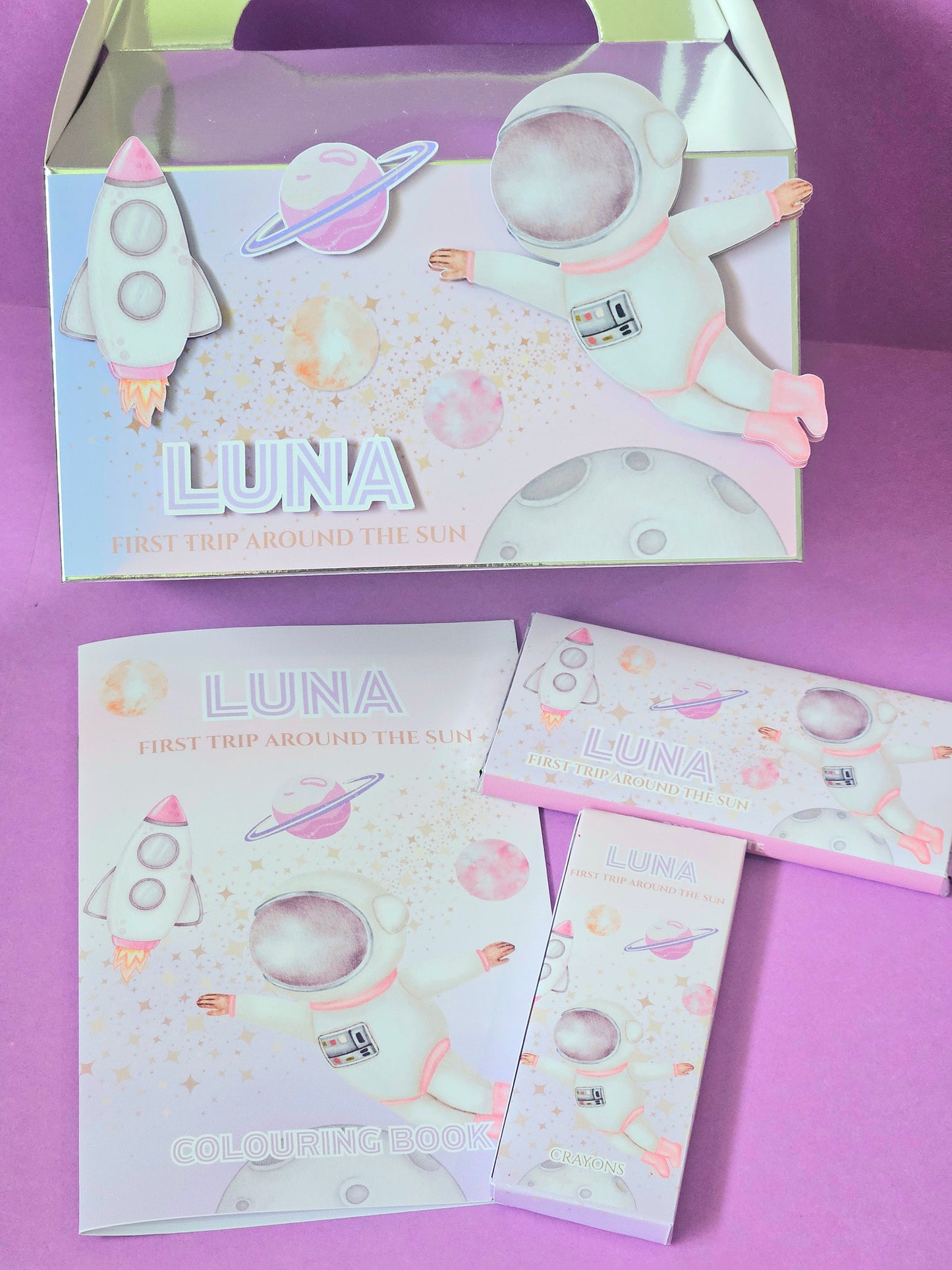 First Trip Around the Sun Theme Pink Space Favour Party Box