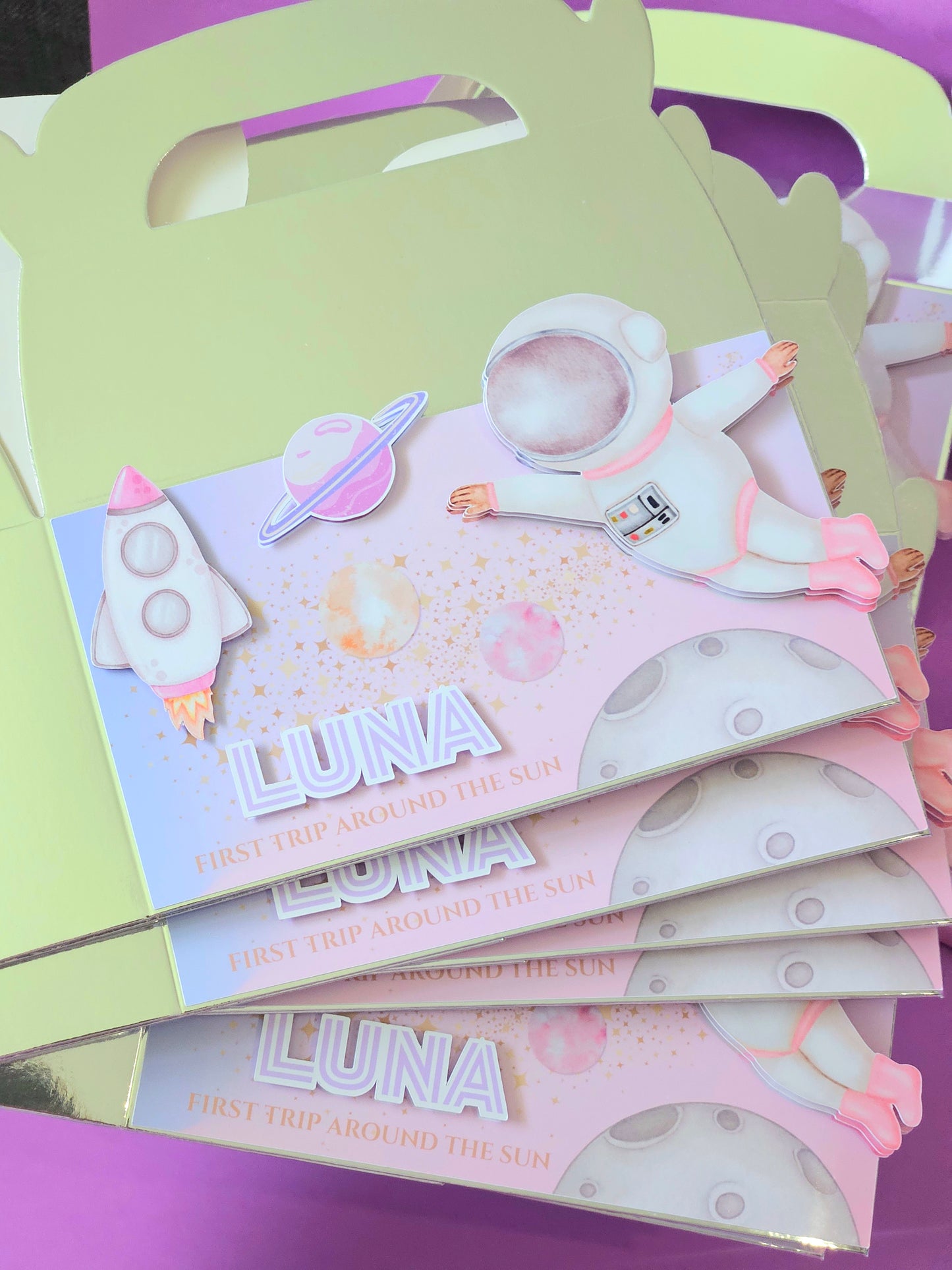 First Trip Around the Sun Theme Pink Space Favour Party Box