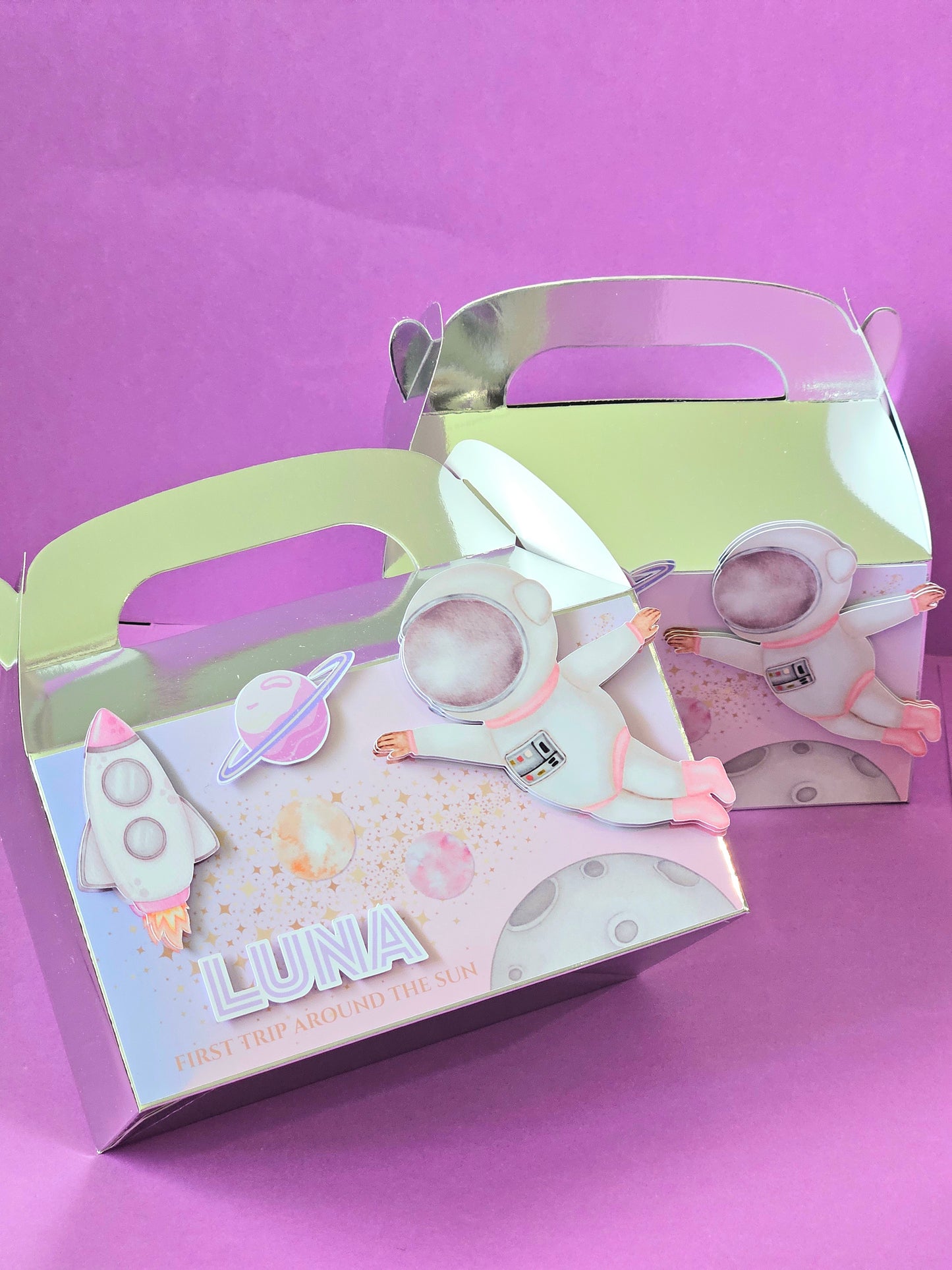 First Trip Around the Sun Theme Pink Space Favour Party Box
