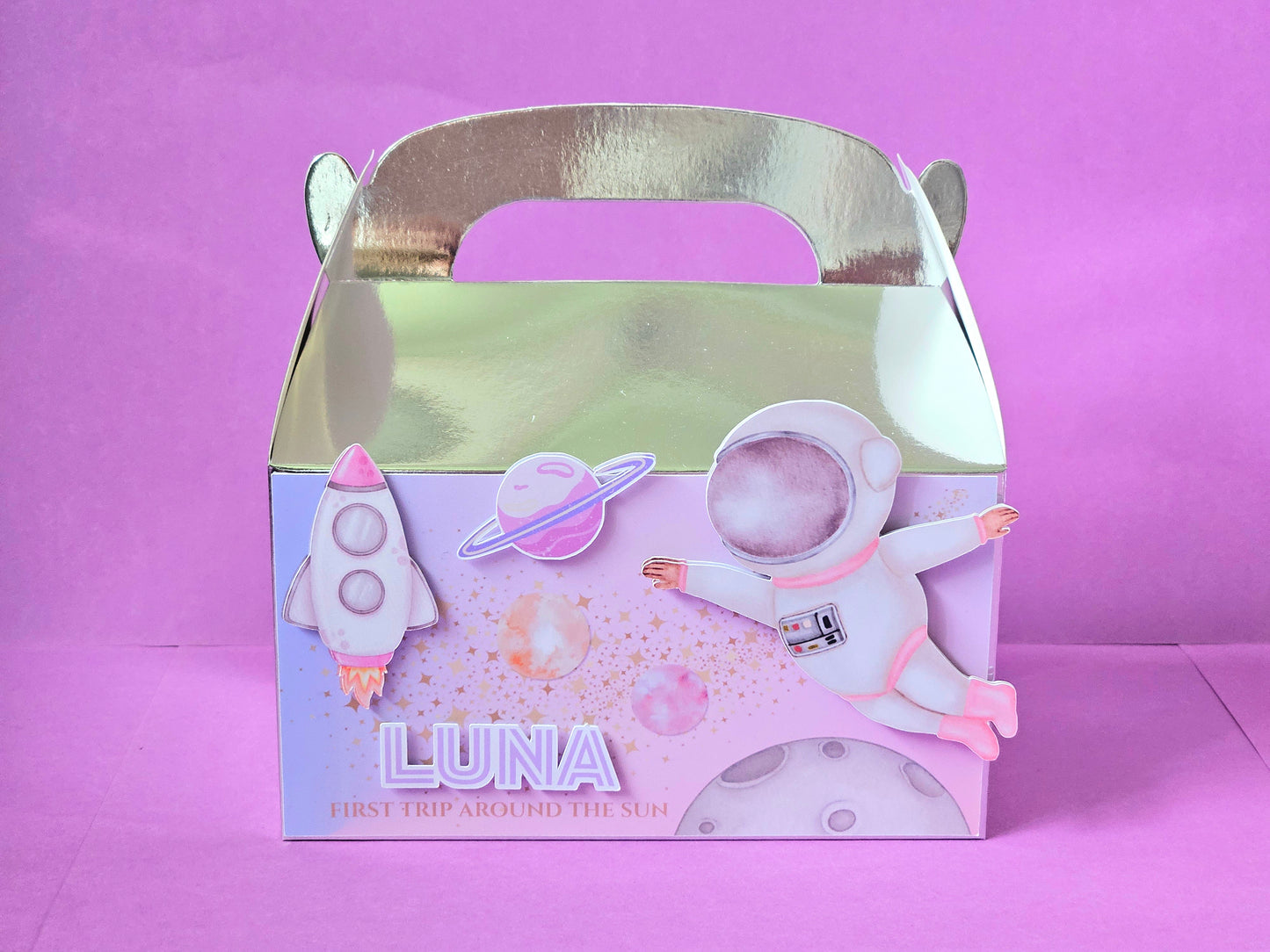 First Trip Around the Sun Theme Pink Space Favour Party Box