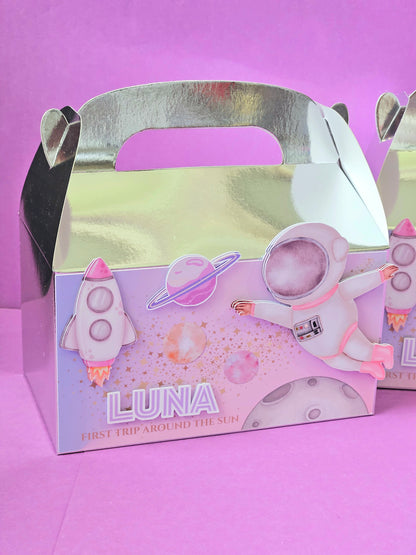 First Trip Around the Sun Theme Pink Space Favour Party Box