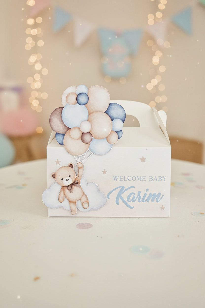 Teddy Bear Balloons Brown & Blue Party Box