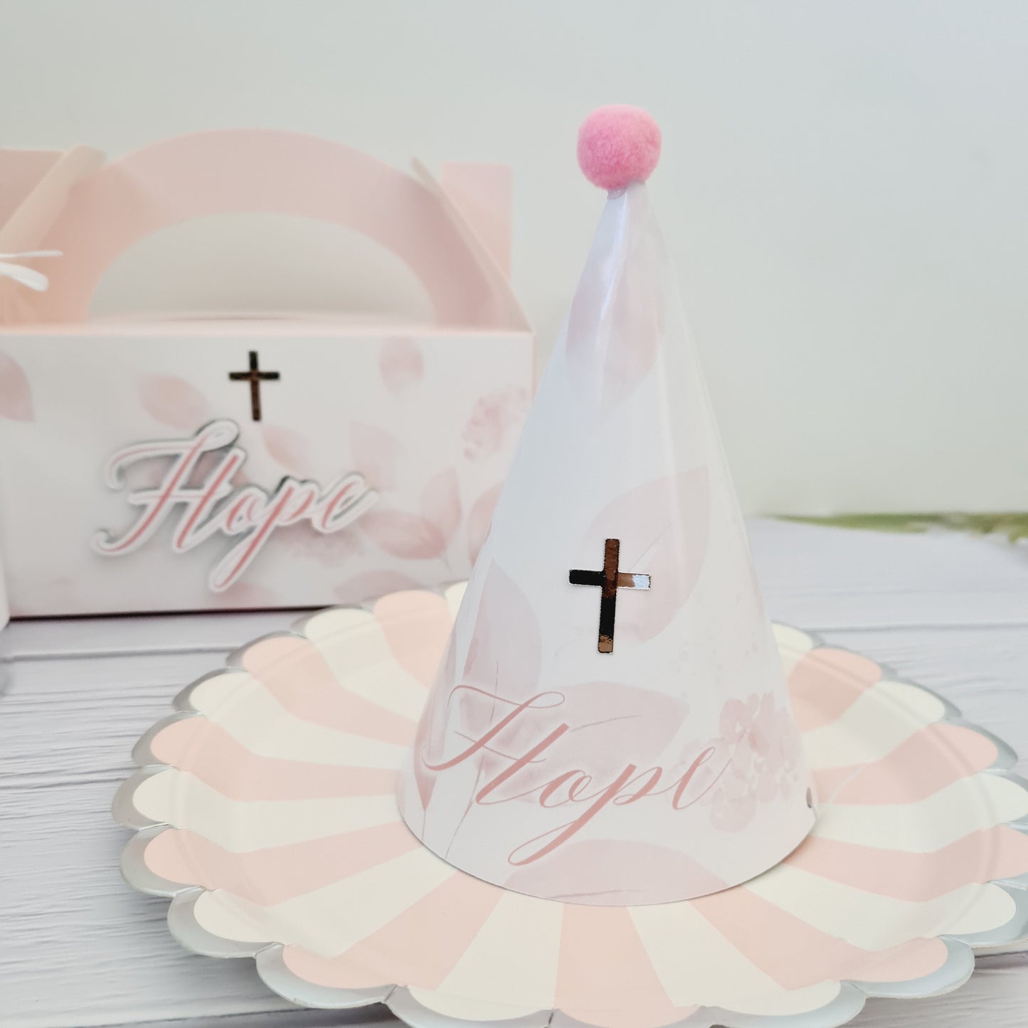 Soft Pink Leaf Christening Baptism Party Hat