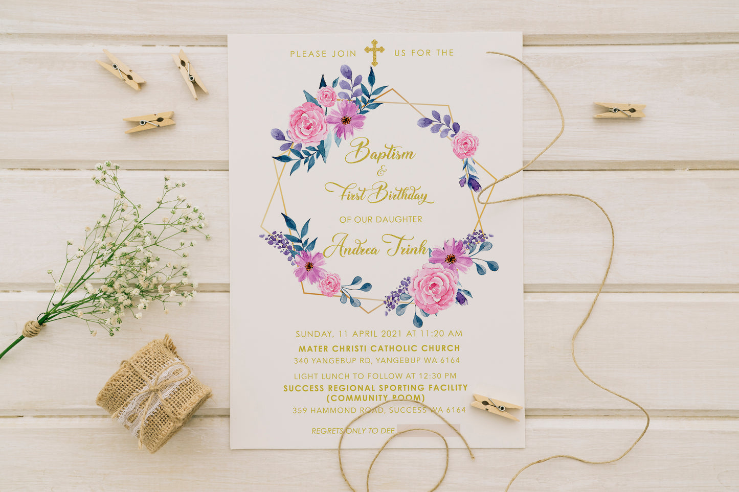 Floral Pink & Gold Baptism Digital Invitation