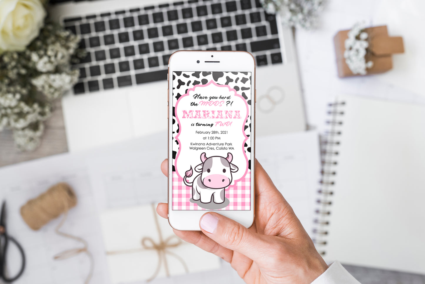 Pink Cow/Farm Animals Birthday Digital Invitation
